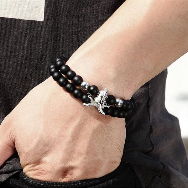 

beaded, strands 8mm black stone micro inlaid spartan zircon helmet warrior bracelet frosted men's beaded