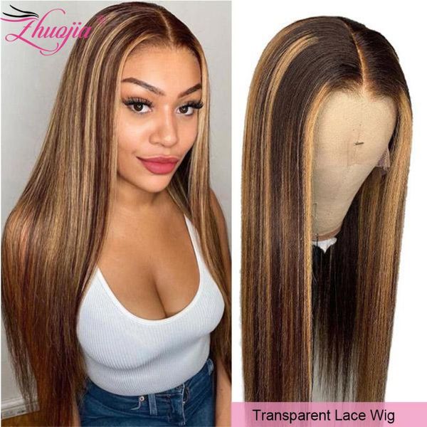 

lace wigs 32 inch hlighted frontal wig p4/27 brown straight human hair for women preplucked brazilian t part piano color, Black;brown