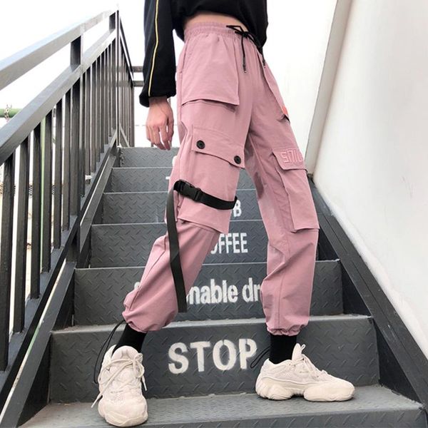 

women's pants & capris spring streetwear embroidery ladies cargo women casual joggers solid big pocket high waist loose female trousers, Black;white