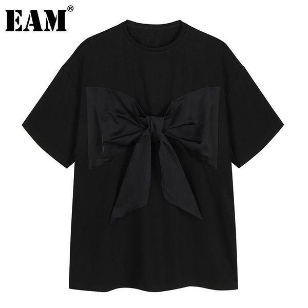 

[eam] women black big size bow casual loose fit t-shirt round neck short sleeve fashion tide spring summer 2021 1dd7279 women's, White