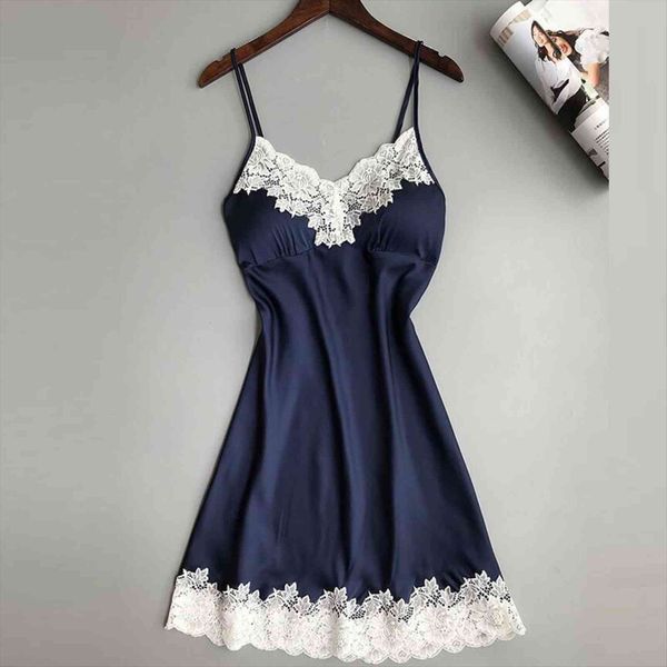 

nightgown satin trim lace women sleepwear home clothes patchwork summer nightdress lingerie with chest pads, Black;red
