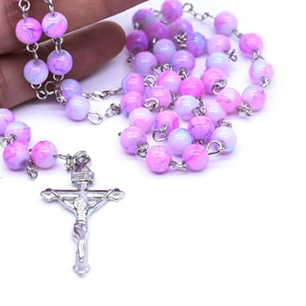 

pendant necklaces 2021 style 6mm plum glass beads madonna hand curved needle jewellery accessories rosary cross necklace, Silver