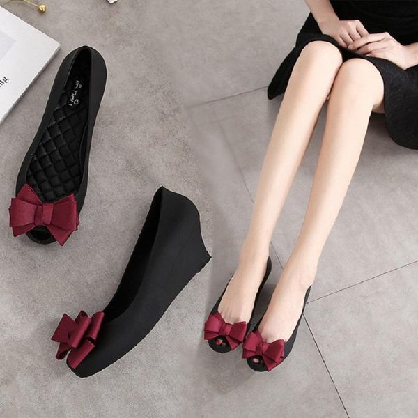 

sandals fish mouth slope with sweet bow ladies summer casual fashion high-heeled waterproof non-slip jelly shoes rain boots., Black