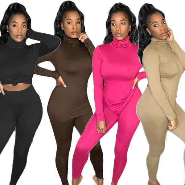 

solid color turtleneck slim undefined tshirts & leggings sweatpants joggers women two piece outfits long sleeve warm sweatsuits maz, Gray