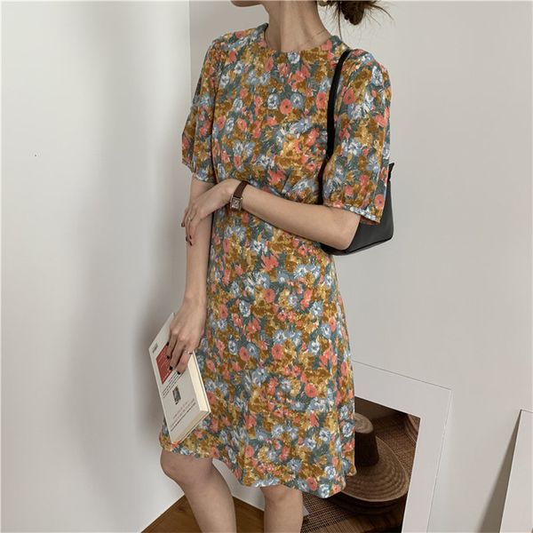

dresses summer women florals printed oil painting all match stylish vintage short sleeves casual, Black;gray