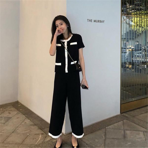 

korean office lady two piece set women short sleeve colorblock pearls knitted +wide leg pants summer suit b068 women's tracksuits, Gray