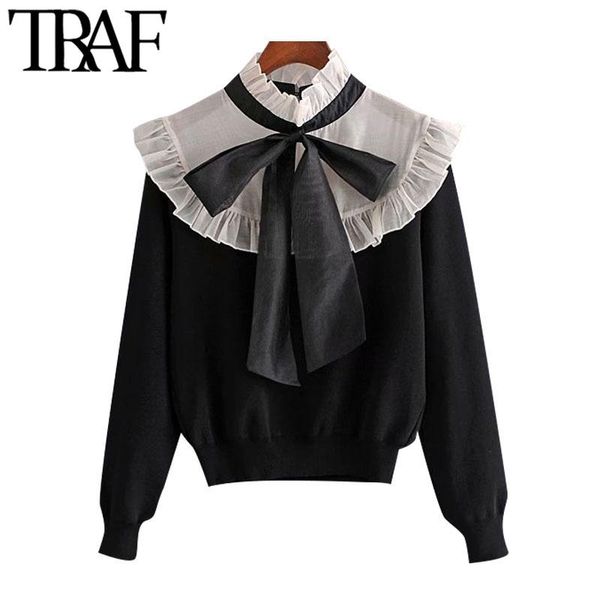 

women's sweaters traf women fashion organza patchwork ruffled knitted sweater vintage high collar bow tied female pullovers chic, White;black
