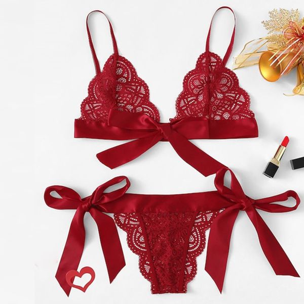 

solid 2pcs women lingerie set see-through lace babydoll unpadded bra high waist g-string thong underwear set 210515, Red;black