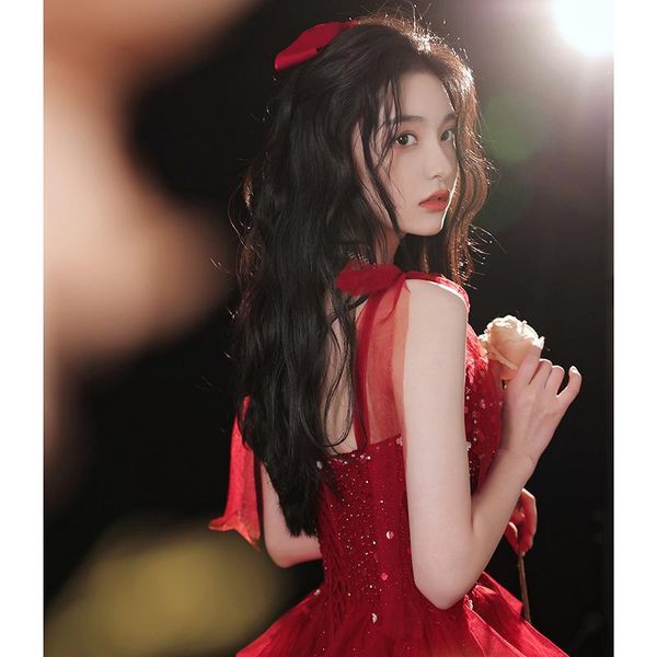 

ethnic clothing burgundy spaghetti strap toast exquisite sequins sweetheart luxury a-line formal tulle party prom gowns, Red