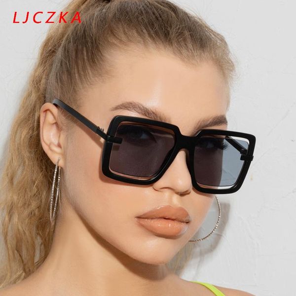 

sunglasses ljczka vintage square women oversize designer punk sun glasses hollow out frame lunette de soleil femme, White;black