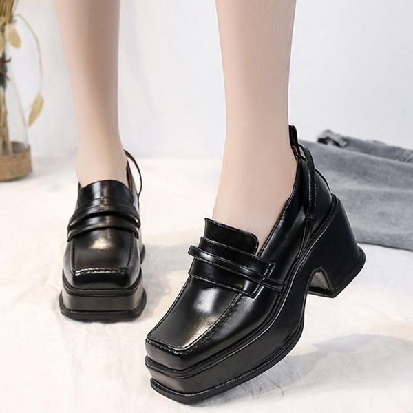 

dress shoes vogue women high chunky heels pumps vintage square toe british style pu leather woman spring slip on platform, Black