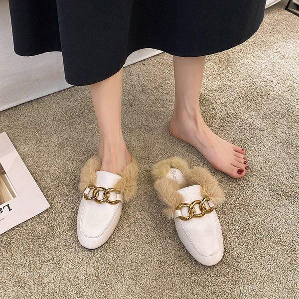 

slippers casual shoes woman 2021 pantofle fur flip flops low rivet cover toe luxury plush flat metal decoration rubber hoof, Black