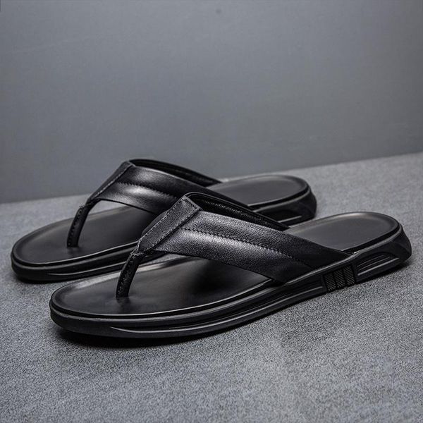 

slippers men summer beach leather designer flip flops sport mens house work rubber man massage soft indoor sandals, Black