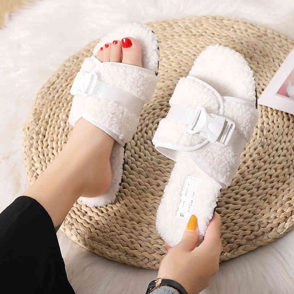 

sandals women's fashionable leather slippers buckle interior teddy design shoes winter plans fake skin ladies bedroom m8wc, Black