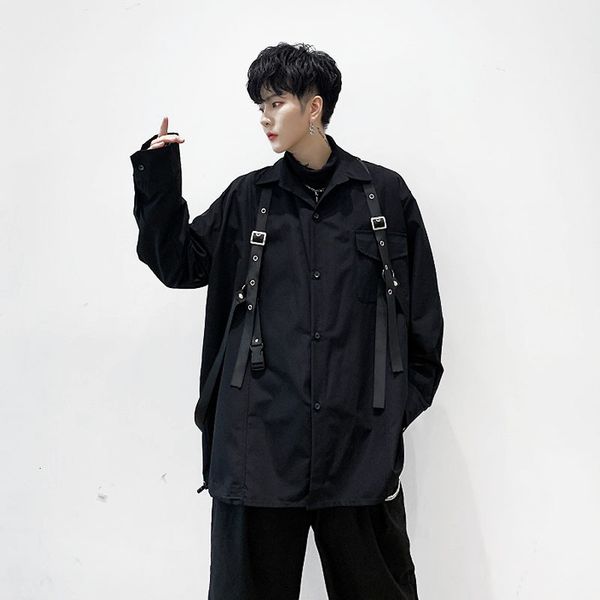 

men's casual shirts men long sleeve leather strap loose black cargo male women streetwear hip hop punk gothic stage party dress ga3b, White;black