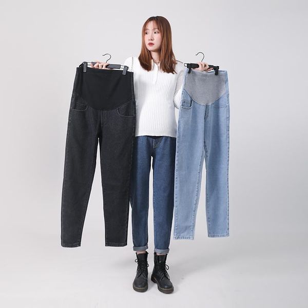 

8003# spring autumn casual denim maternity jeans adjustable belly pants clothes for pregnant women loose pregnancy trousers bottoms, White