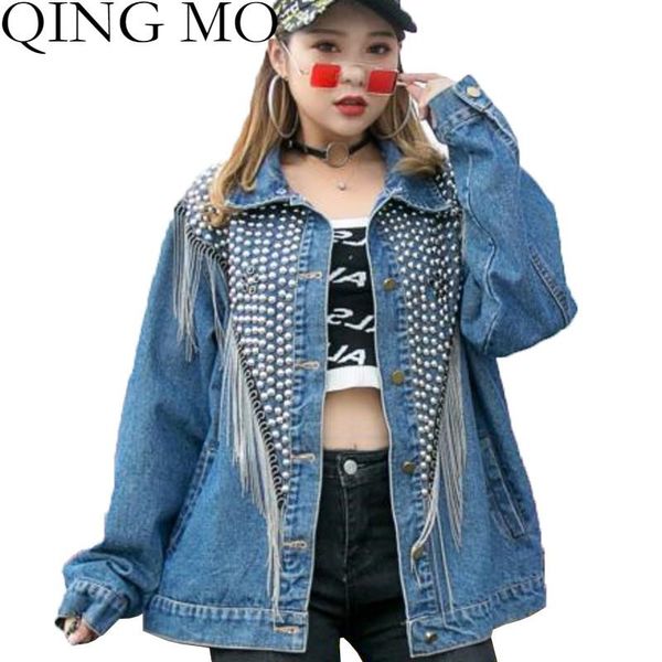 

women's jackets qing mo patchwork tassel denim jacket women 2021 autumn single breasted rivet decoration coat loose black blue qyf113a, Black;brown