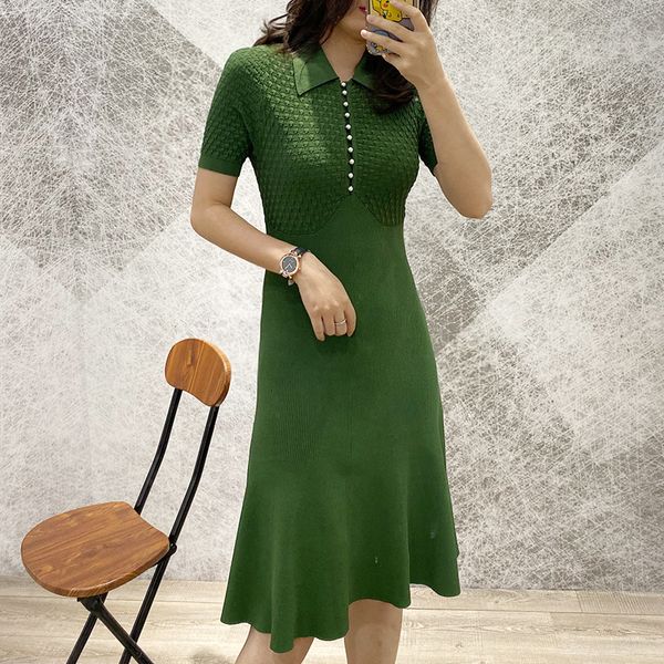 

dresses summer women pearls buttons knitted sweater dresses short sleeve turn down collar bodycon a-line dress a30, Black;gray