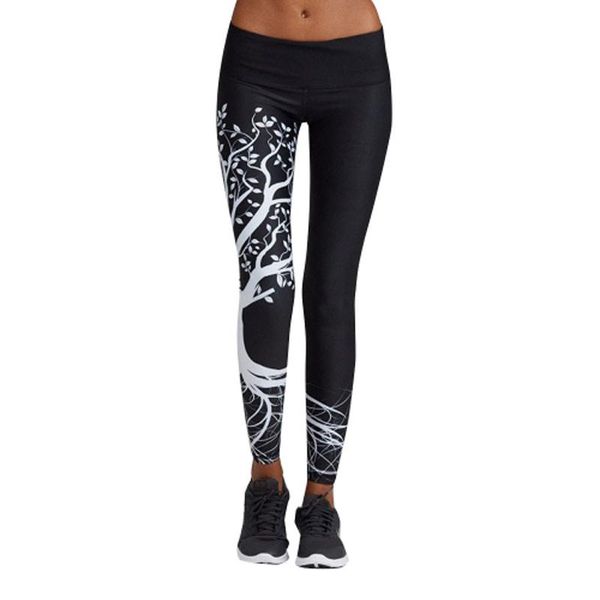 

women's leggings high waist fitness workout women leggins tree print casual compression push up jeggings activewear ladies trousers, Black