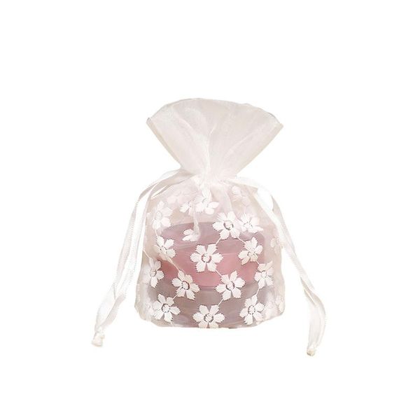 

gift wrap white flower embroidery drawstring pocket transparent organza collection jewelry storage bag wedding candy