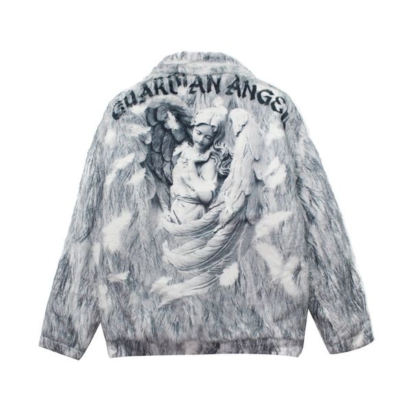 

tie dyed figure printed plush cotton jacket men's fashion brand loose thickened cotton jacket winter cotton jacket, Black