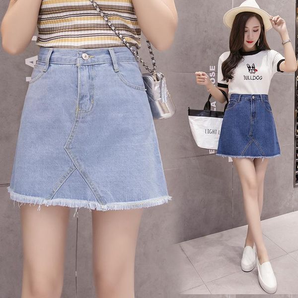 

skirts plus size 5xl women's summer korean casual a-line tassels short denim skirt women fashion high waist mini, Black