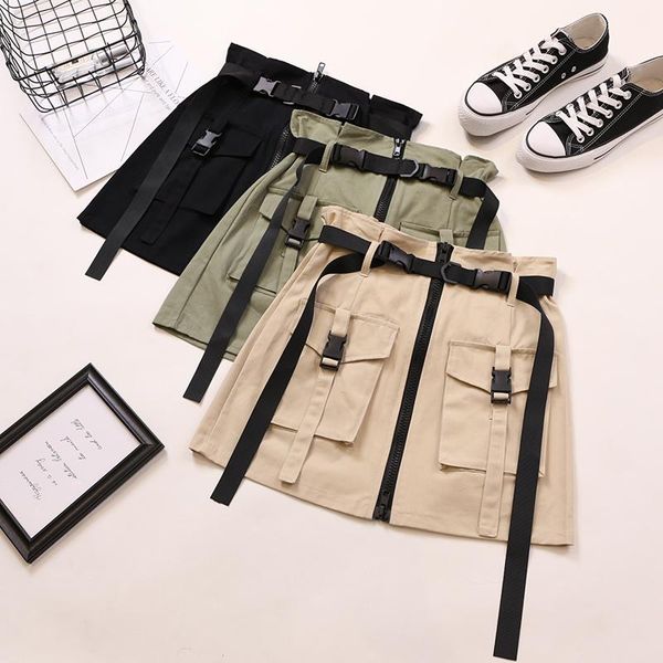 

skirts safari style solid skirt female casual with pocket sashes jupe zipper loose elastic women saia khaki bottoms, Black