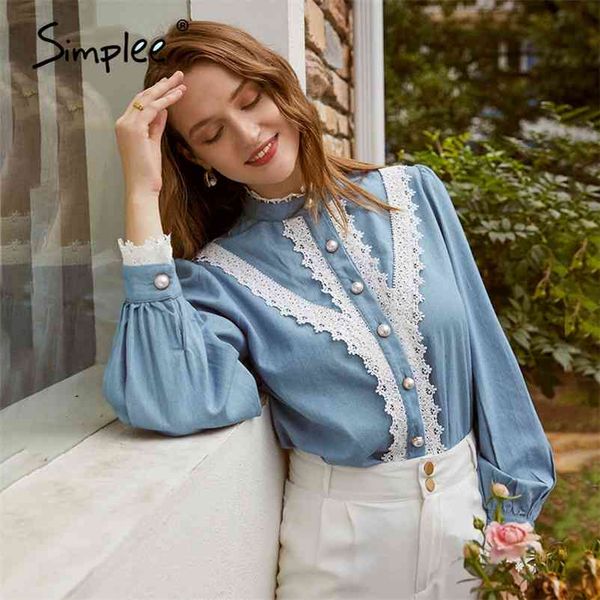 

simplee vintage denim blue women blouse shirt autumn winter long sleeve lace blue elegant work wear casual cute lady 210401, White