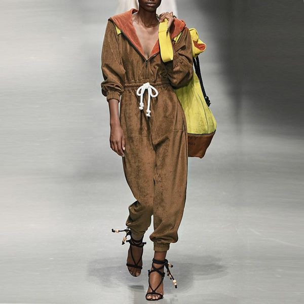 

women's jumpsuits & rompers deat 2021 summer fashion women clothing zippers full sleeves drawstring long hit colors jumpsuit wl63916l, Black;white