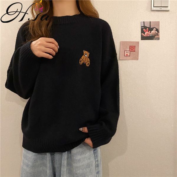 

h.sa arrivals women cartoon and pullovers oneck knitwear bear sweater loose style korean chic wear undefined 210417, White;black