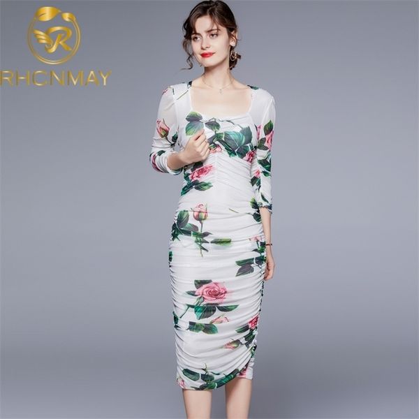 

fashion women designer summer office midi dress half sleeve draped floral print elegant ladies mesh pencil 210520, Black;gray