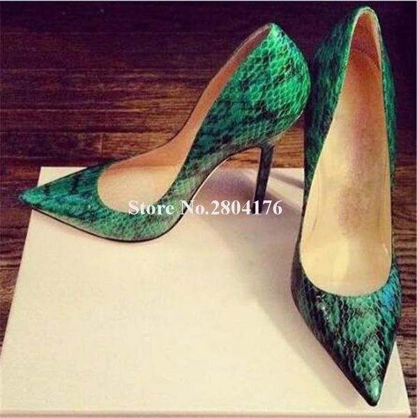 

dress shoes brand style women fashion pointed toe green snake leather thin heel pumps classical high heels party, Black