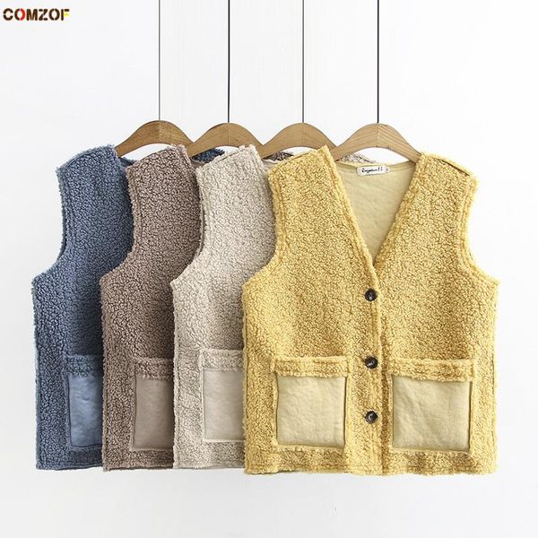 

women's vests 2021 autumn winter women vest pockets lamb wool sleeveless jacket plus size waistcoat casual clothing colete feminino 4x, Black;white