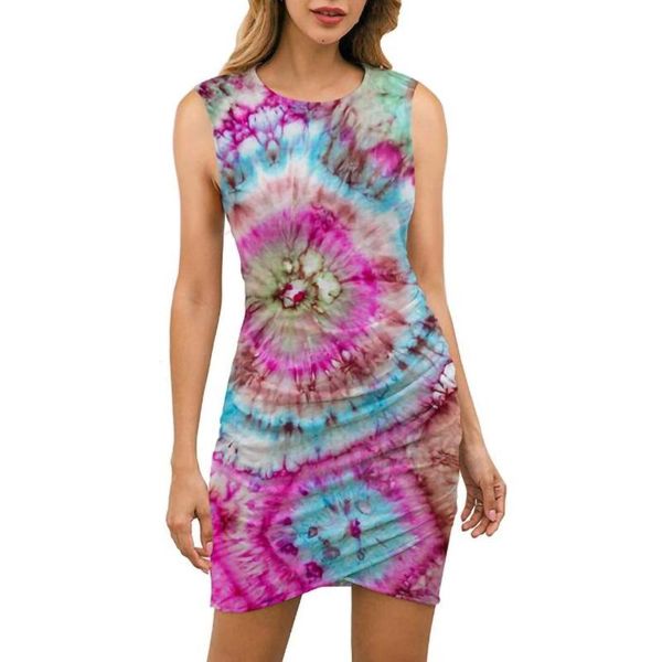 

casual dresses women's sleeveless dress fashion retro tie dye print elastic loose comfortable vest party kleid frauen, Black;gray