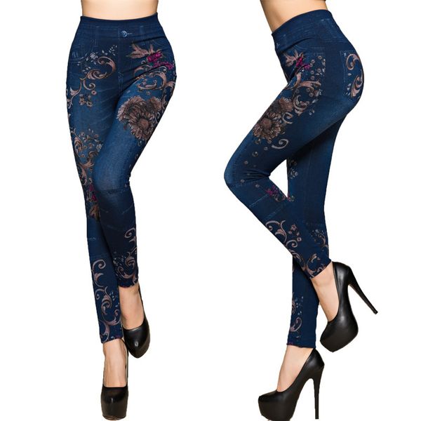 

leggings fashion spring and autumn floral print seamless cotton imitation jeans tight high elastic blue capris, Black