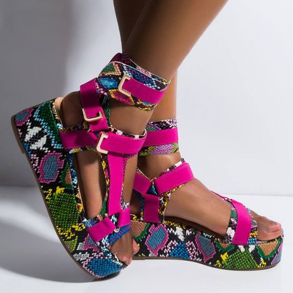

sandals size 43 summer flat platform multi colors snake printed gladiator shoes women sandalias mujer wobm, Black