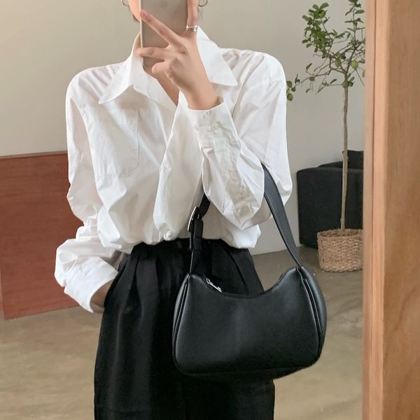 

spring korean solid office lady high street all match brief stylish casual female chic shirts loose clothe 210421, White