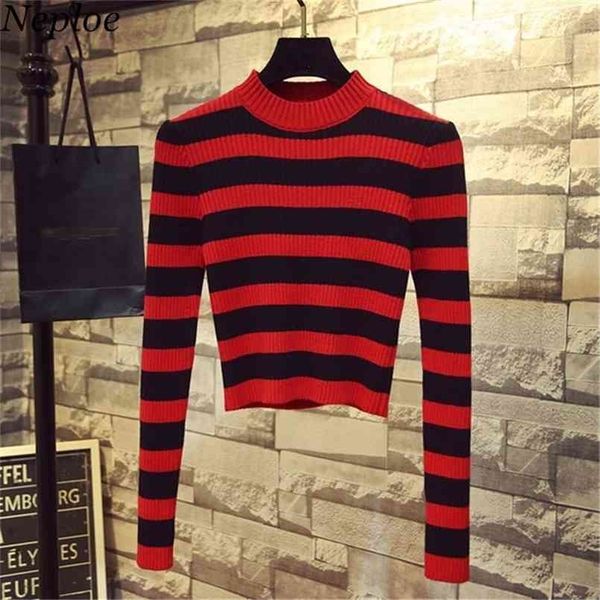 

neploe autumn korean women sweater half turtleneck slim sueter mujer long sleeve striped knitted short pullovers 68509 210806, White;black