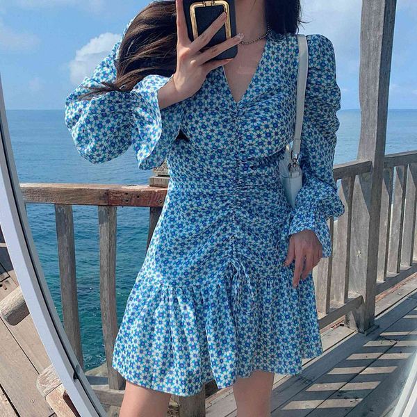 

casual high waist drawstring ruched mini dress retro blue floral sweet women ruffles beach dresses vestidos 210526, Black;gray