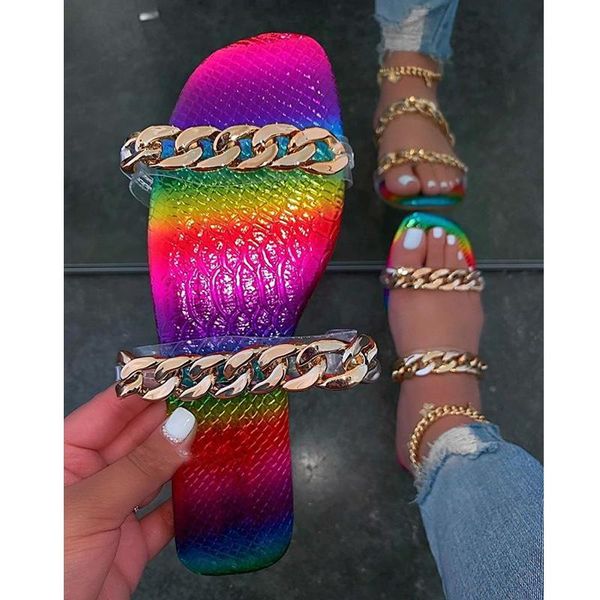 

summer woman slippers fashion chain flat open toe sandals outdoor beach casual shoes plus size 41 rainbow color, Black
