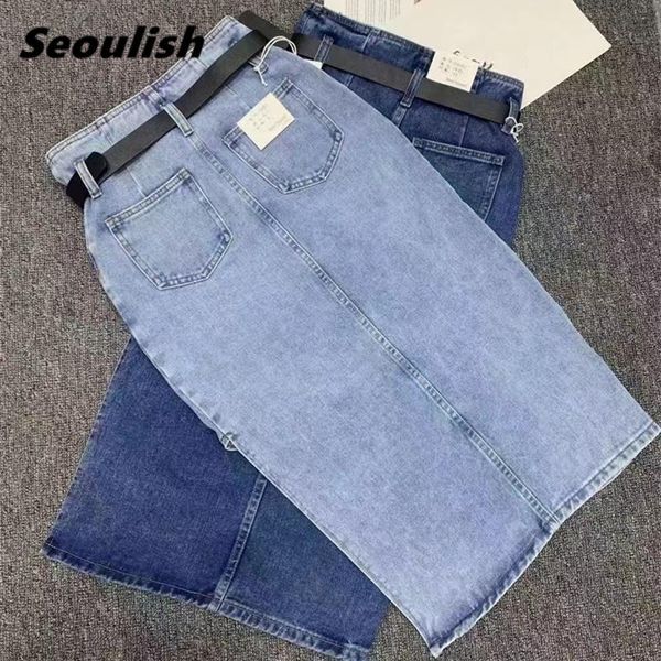 

skirts seoulish 2021 women long denim skirt belted summer vintage high wasit jeans straight female a-line pencil split, Black