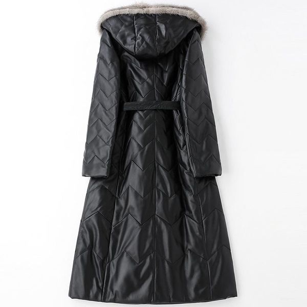 

women's leather & faux winter women 100% genuine long jackets fashion collar belt hooded overcoat brand elegant office warm coat, Black