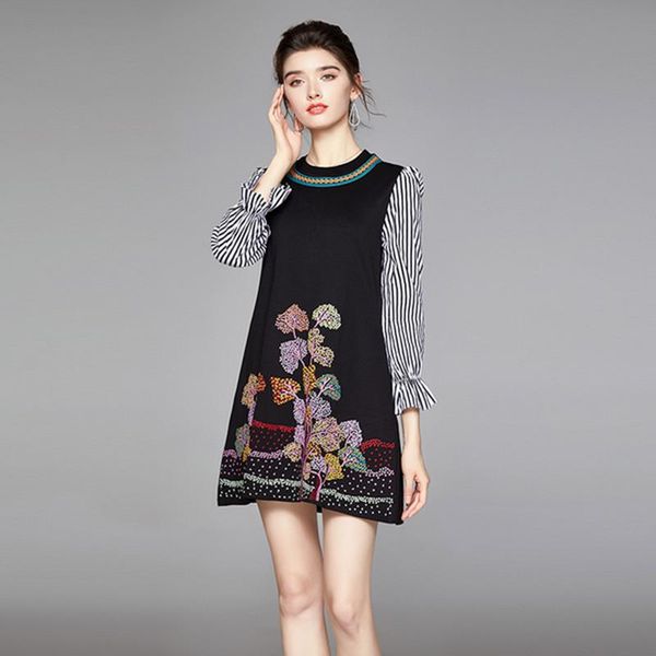 

spring embroidery flowers dresses elegant striped shirt patchwork flare sleeve caual dress plus size casual, Black;gray