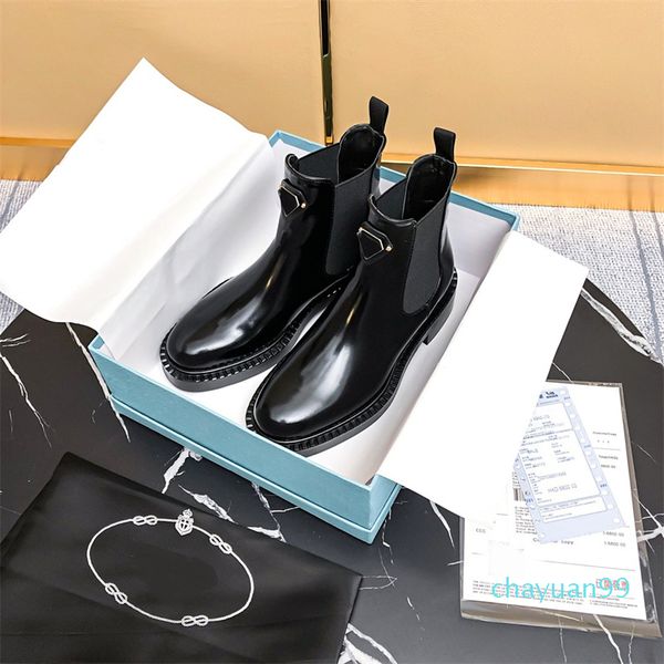 

fashion boot triangle iron luxury brand designer ankle bootied women shoes winter boots ladies girls cowhide leather high womens flat 30, Black