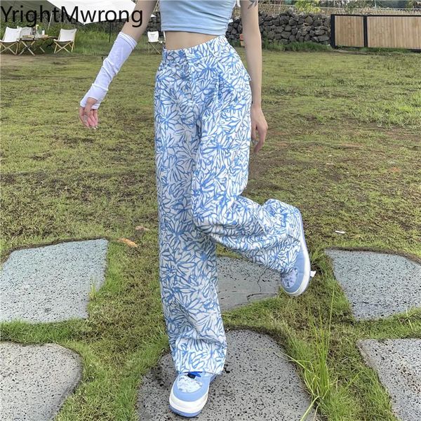

women's pants & capris high waist vintage graffiti flower office suit ladies boho long pant women korean fashion aesthetic slim straigh, Black;white