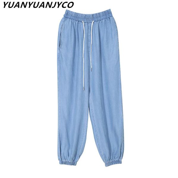 

spring women harajuku midi cotton jean harem pants fashion thin light calf length elastic waist cuff denim trouser women's & capris, Black;white