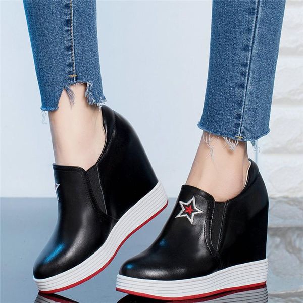 

platform oxfords shoes women genuine leather wedges high heel motorcycle boots female round toe fashion sneakers casual, Black