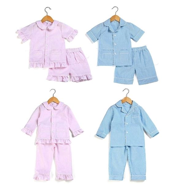 Sommer Frühling Kinder Pyjama Sets 100 % Baumwolle Seersucker Pyjama Kleinkind Nachtwäsche Mädchen Jungen Nachtwäsche 211023