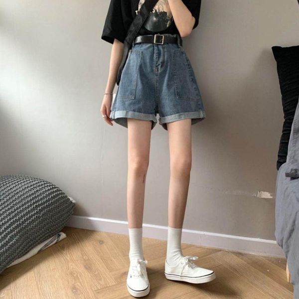 

women's shorts net red high waist denim trendy spring new loose wide leg rolled up straight pants, White;black