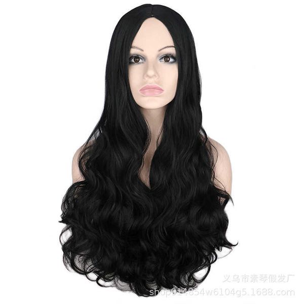 

high temperature silk big wave black medium split long curly wig women's headgear